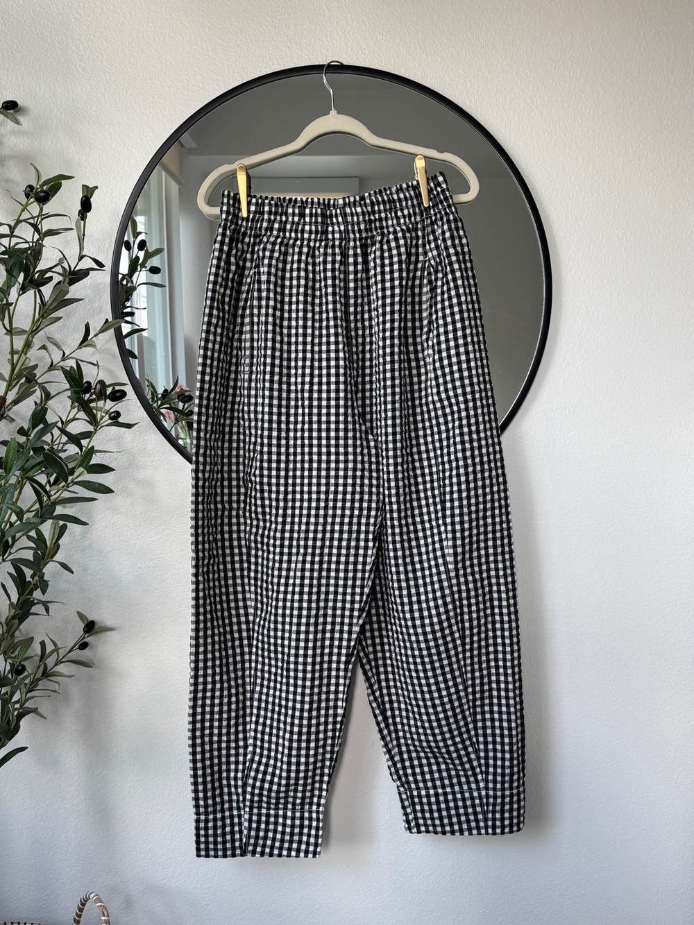 Free People Black & White Gingham Elastic Waist Cotton Pants M